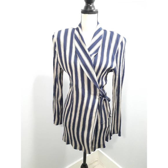 Navy and White Striped Wrap Blouse - Picture 2 of 7